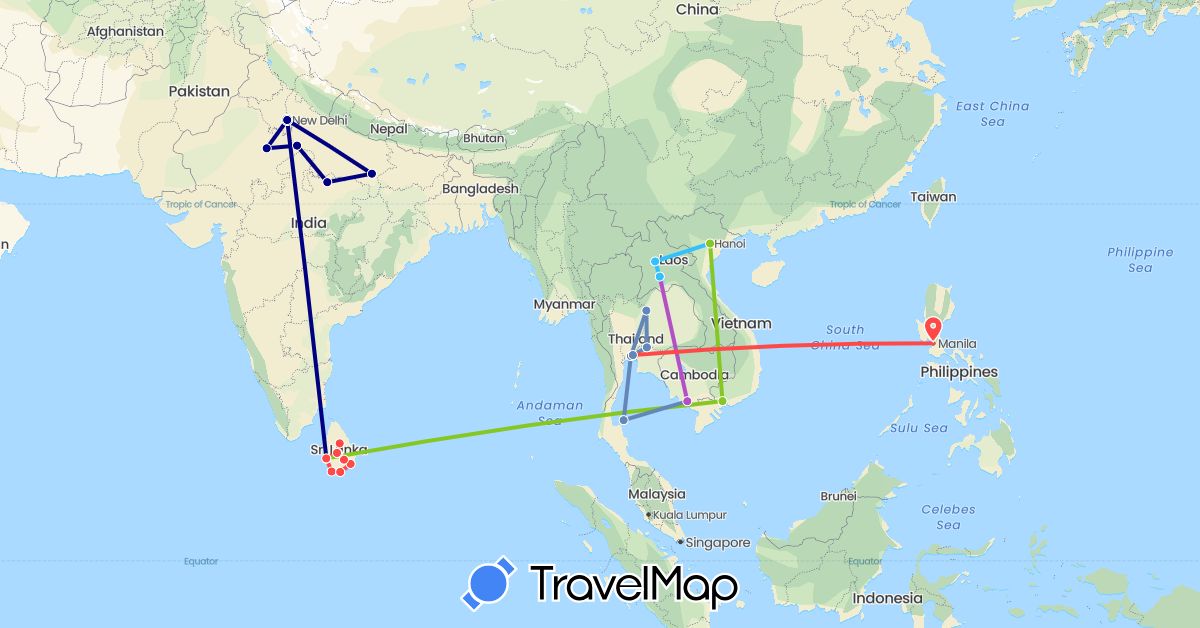 TravelMap itinerary: driving, cycling, train, hiking, boat, electric vehicle in India, Cambodia, Laos, Sri Lanka, Philippines, Thailand, Vietnam (Asia)